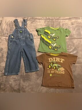 John Deere Boys Denim Overalls + Tractor Tee Set - Green & Brown size 2T